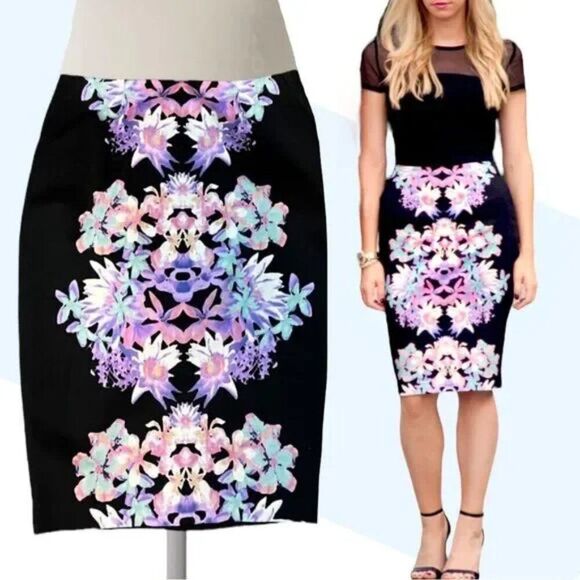 Mossimo Black Floral Stretch Pencil Skirt Size 10 - Picture 1 of 3